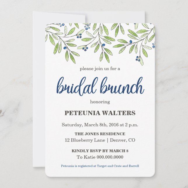 Summer Blueberry Foliage Bridal Brunch Invitation (Front)