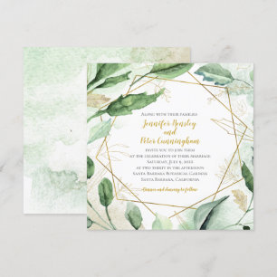 Summer Blush Leaves and Gold Geometric Wedding Invitation