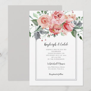 Summer Blush Pink Roses Grey Green Leaves Wedding Invitation
