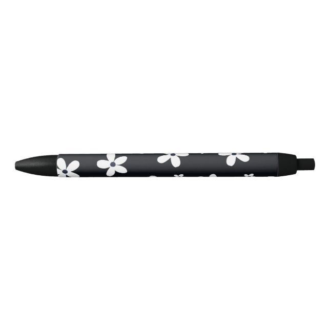 Summer Boho Black White Daisy Flowers Black Ink Pen (Front)