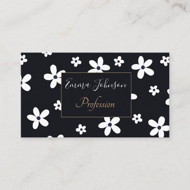 Summer Boho Black White Daisy Flowers  Business Card (Front)
