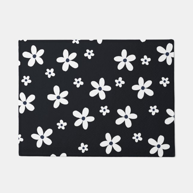 Summer Boho Black White Daisy Flowers Doormat (Front)