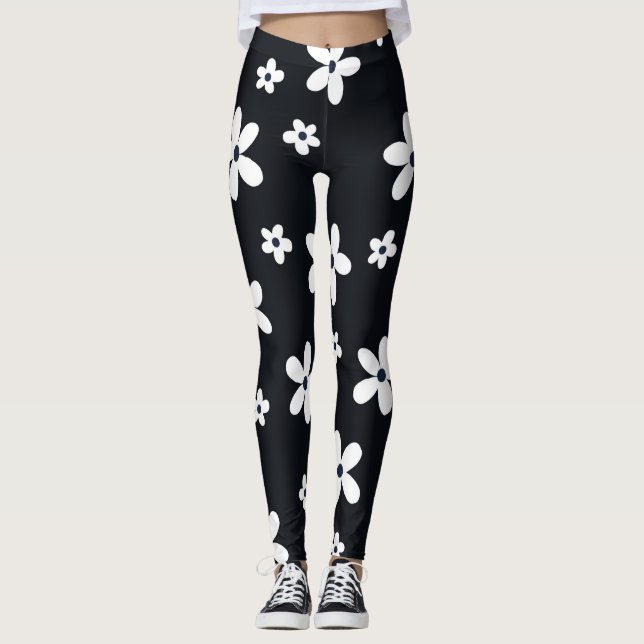 Summer Boho Black White Daisy Flowers Leggings (Front)