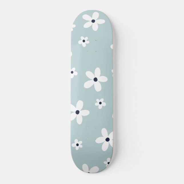 Summer Boho Blue White Daisy Flowers Skateboard (Front)