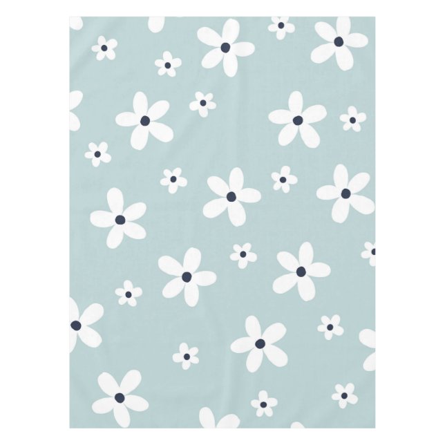 Summer Boho Blue White Daisy Flowers Tablecloth (Front)