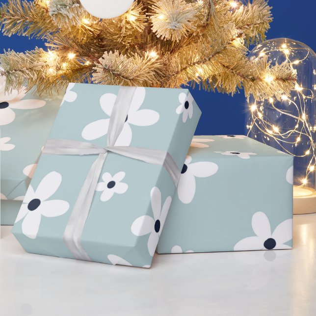 Summer Boho Blue White Daisy Flowers Wrapping Paper (Holidays)