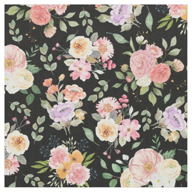 Summer Boho Floral on Black Fabric (Close Up)
