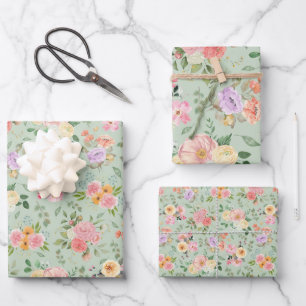 Summer Boho Floral on Sage Green Wrapping Paper Sheet