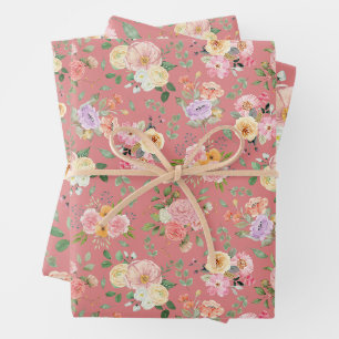 Summer Boho Floral on Tulip Pink Wrapping Paper Sheet
