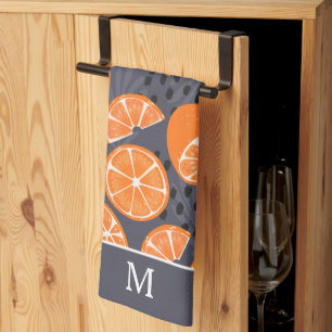 Summer Boho Oranges on Grey Monogram Kitchen Towel