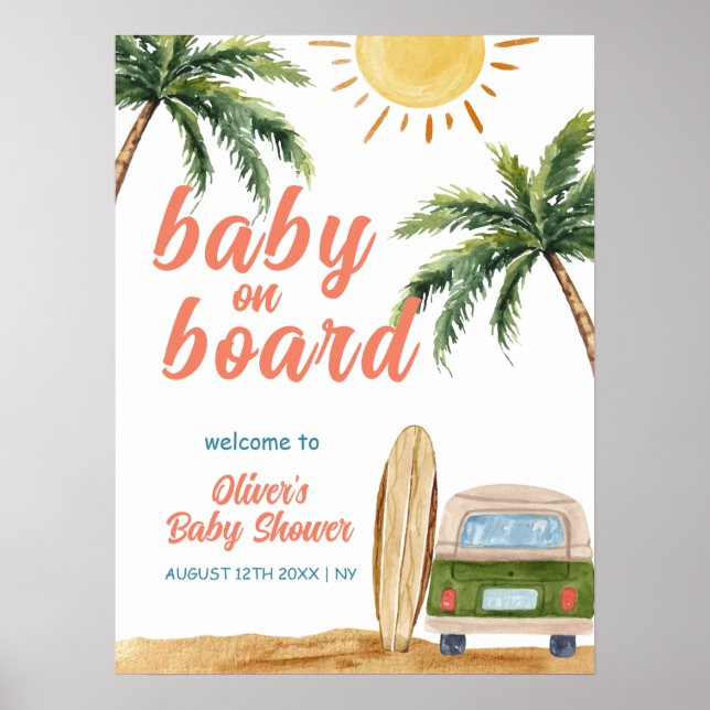 Summer Boho Surf Beach Van Baby Shower Welcome Poster (Front)