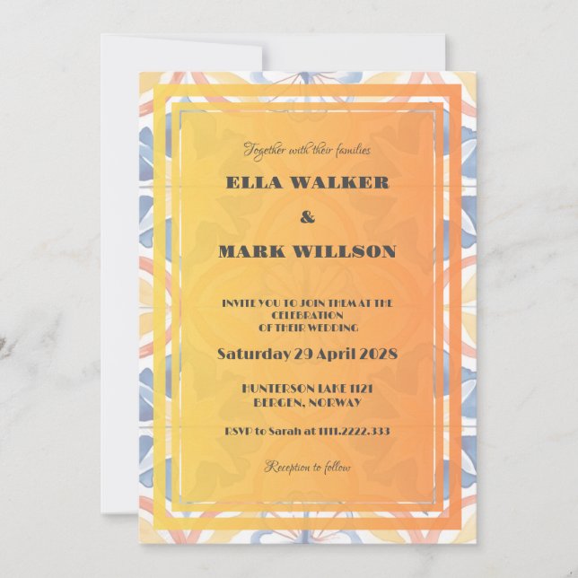 Summer Bold Orange Moroccan Tile Wedding Invitation (Front)