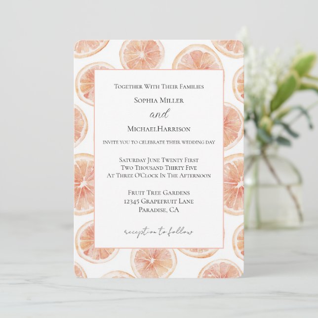 Summer Breeze Grapefruit Wedding Invitation (Standing Front)