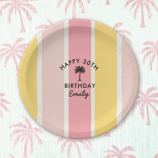 Summer Cabana Stripes Coastal 30th Birthday Paper Plate (Creator Uploaded)