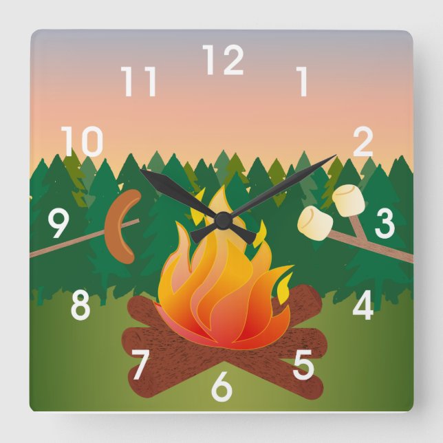 Summer Camp Marshmallow Smores Square Wall Clock (Front)