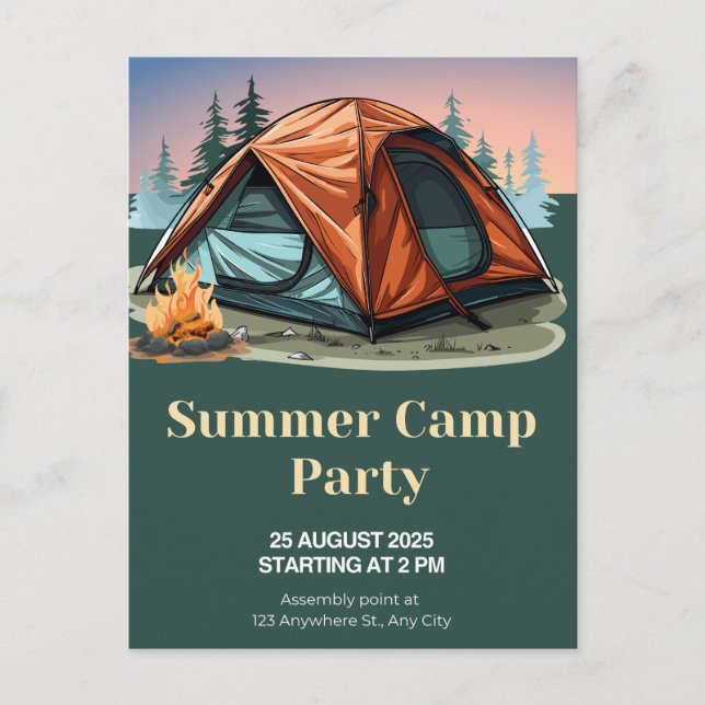Summer Camp Party Invitation – Outdoor Adventure  Postcard (Front)