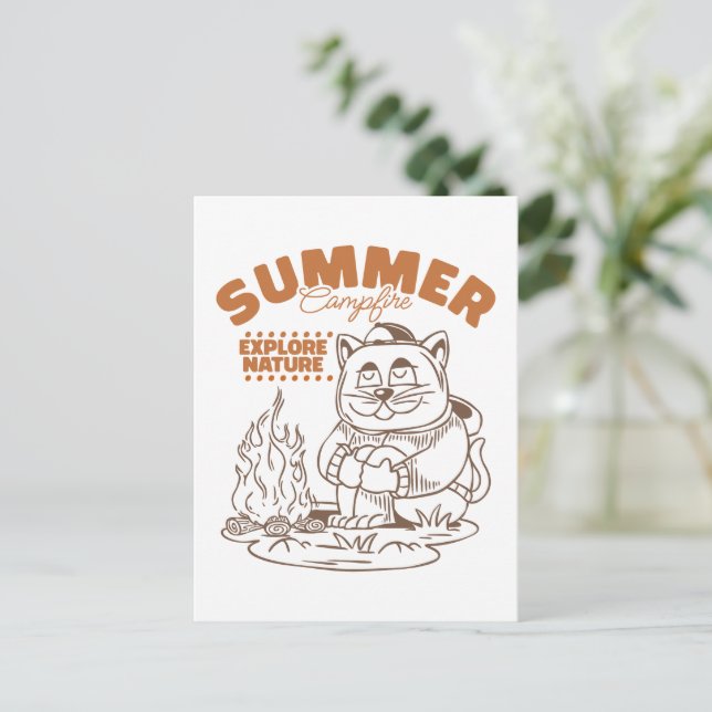 Summer Campfire Explore Nature – Vintage Cat Postcard (Standing Front)