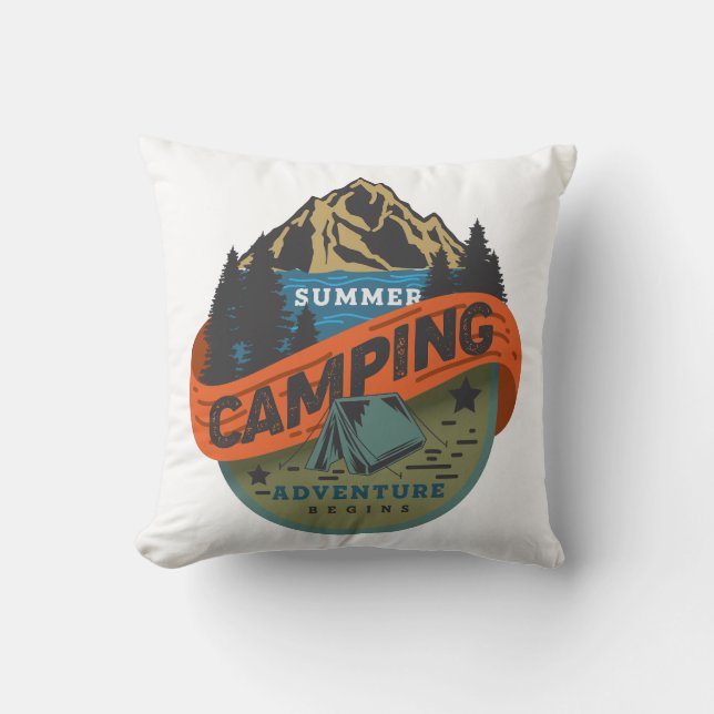 Summer Camping Adventure Begins Throw Pillow (Front)