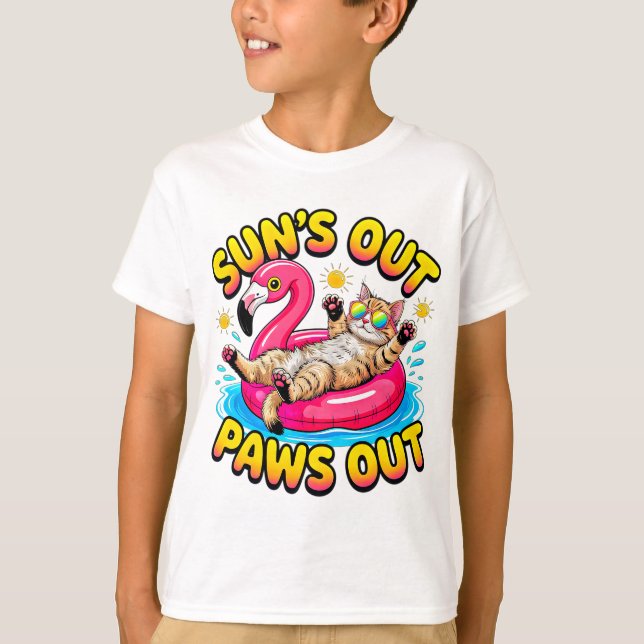 Summer Cat Sun's Out Paws Out Flamingo Float T-Shirt (Front)