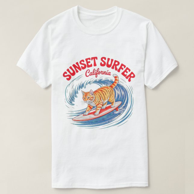 Summer Cat Surfer – Cali Sunset T-Shirt (Design Front)