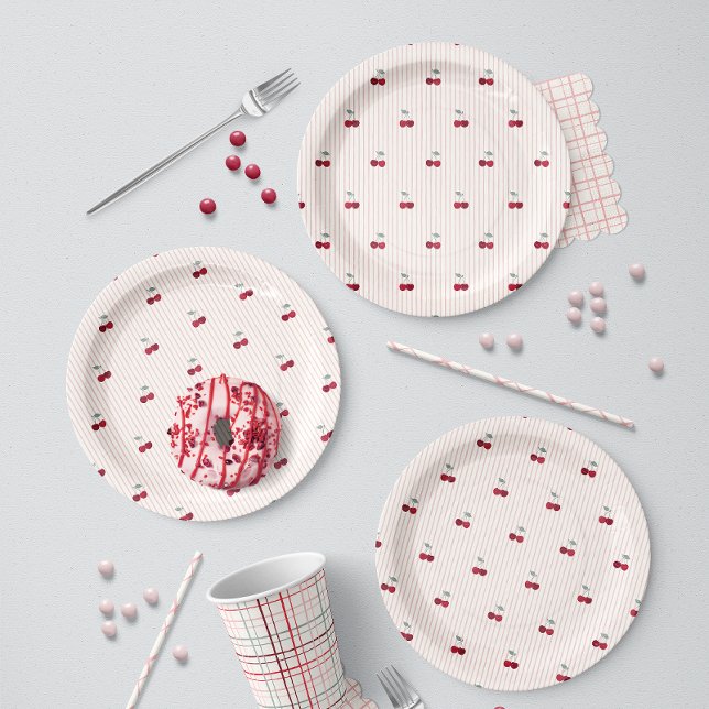 Summer Cherry Stripe Botanical Picnic Paper Plate (Creator Uploaded)