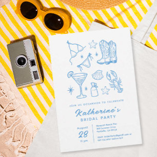 Summer Chic Blue Hand Drawn Beach Bridal Shower Invitation