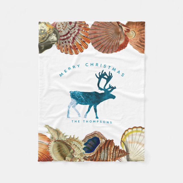 Summer Christmas Beach Seashell Deer  Fleece Blanket (Front)