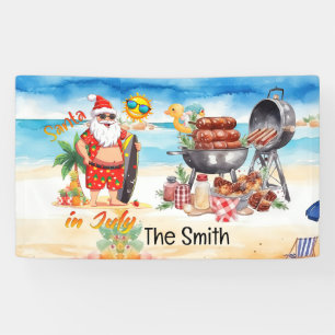 Summer Christmas in July Santa Claus on beach Banner