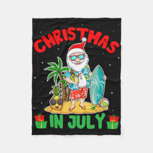 Summer Christmas In July - Tropical Santa Surfing Fleece Blanket