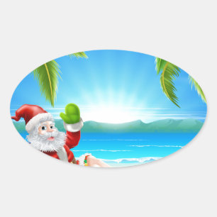 Summer Christmas Santa Beach Scene Oval Sticker