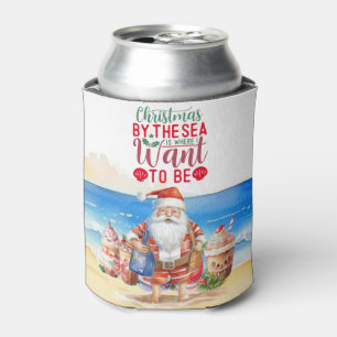 Summer Christmas with Santa Claus at beach funny Can Cooler