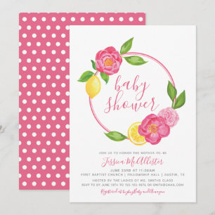 Summer Citrus Floral lemon Wreath Girl Baby Shower Invitation