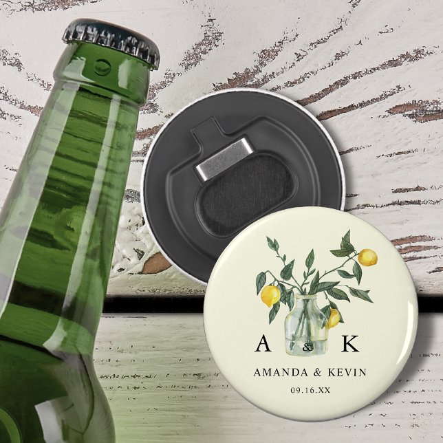 Summer Citrus Lemon Greenery Monogram Wedding Bottle Opener (Summer Citrus Lemon Greenery Monogram Wedding Bottle Opener)