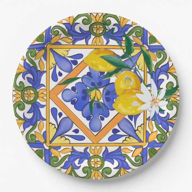 Summer,citrus,Sicilian,Mediterranean style,lemon,m Paper Plate (Front)