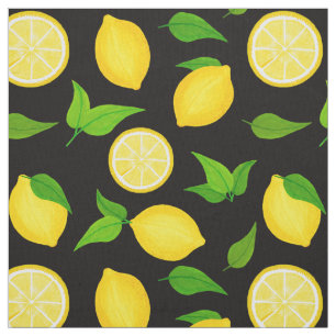 Summer Citrus Yellow Lemons green Leaves on Black Fabric