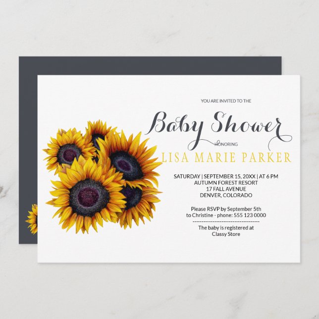 Summer Classy Golden Sunflowers Baby Shower Invitation (Front/Back)