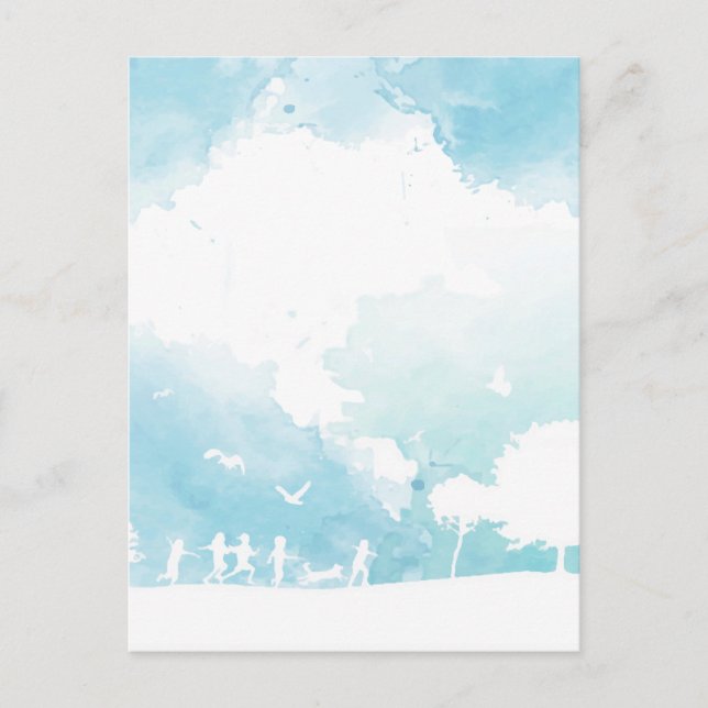 Summer Clouds Blue Sky Children Playing Watercolor Postcard (Front)