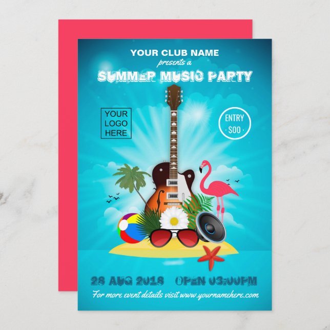 Summer Club Music Party add logo invitation (Front/Back)