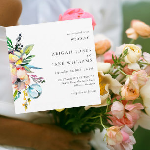 Summer Colorful Watercolor Floral Square Wedding Invitation