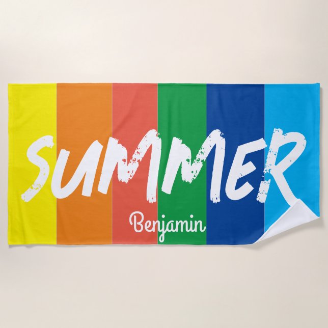 Summer Colourful personalized Name Stripes  Beach Towel (Front)
