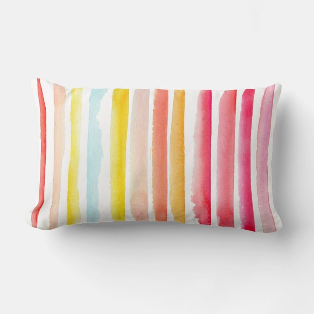Summer colourful striped watercolor lumbar pillow (Front)