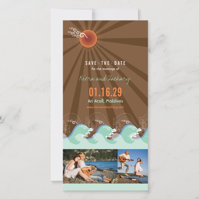 Summer Cool Aqua Waves And Brown Sun Beach Photo Save The Date (Front)
