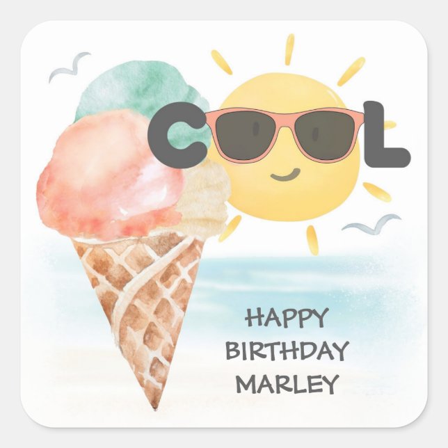 Summer Cool | Tropical Beach Ice Cream Birthday  Square Sticker (Front)