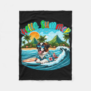 Summer Costume St. Bernard Sungles Surfing On Beac Fleece Blanket