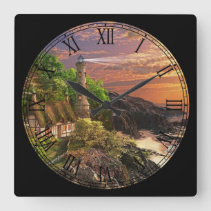 Summer Cottage and Lighthouse Fine Art Square Wall Clock