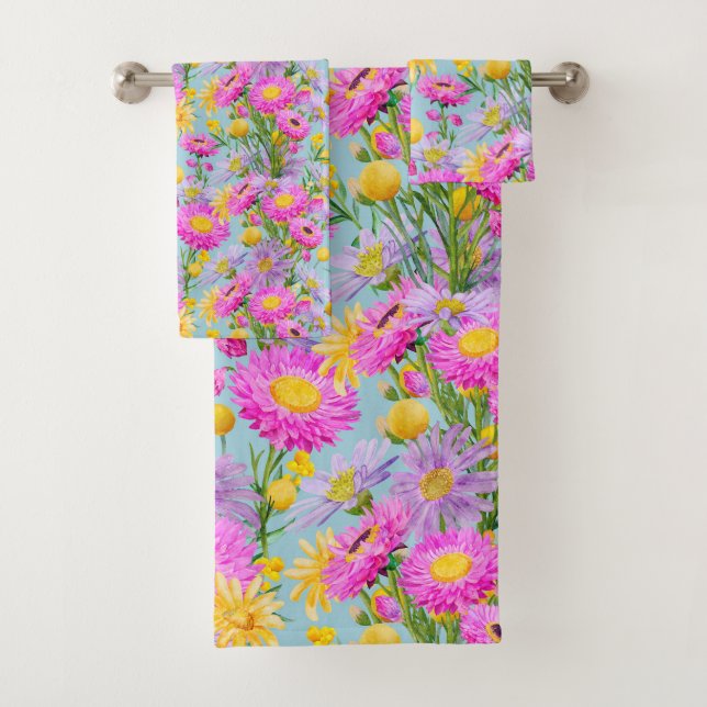 Summer Cottage Garden Blue Bath Towel Set (Insitu)
