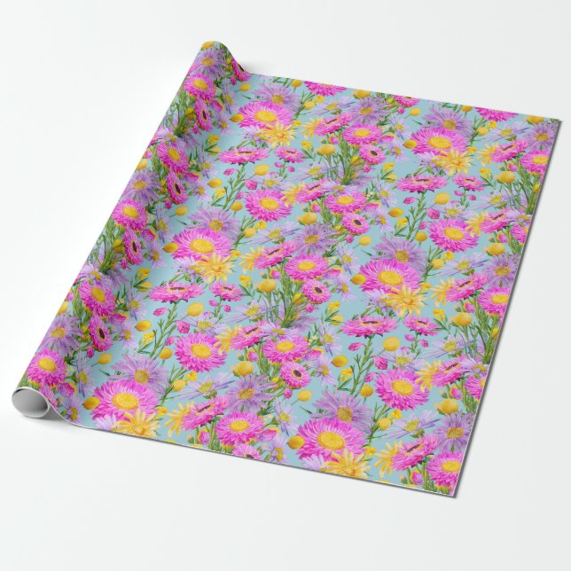 Summer Cottage Garden Blue Wrapping Paper (Unrolled)