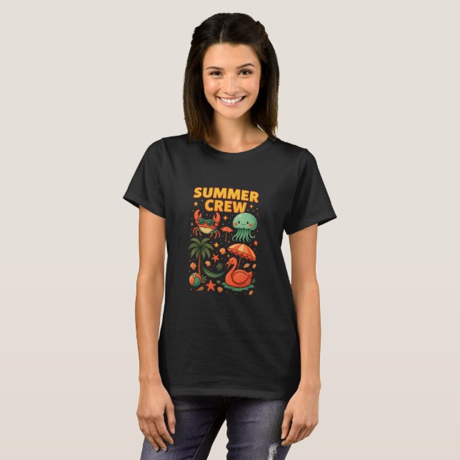 Summer Crew – Tropical Cartoon Beach Squad T-Shirt (Front Full)