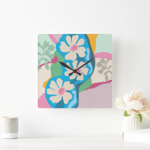 Summer Daisies Colour Blocks Modern Floral  Square Wall Clock
