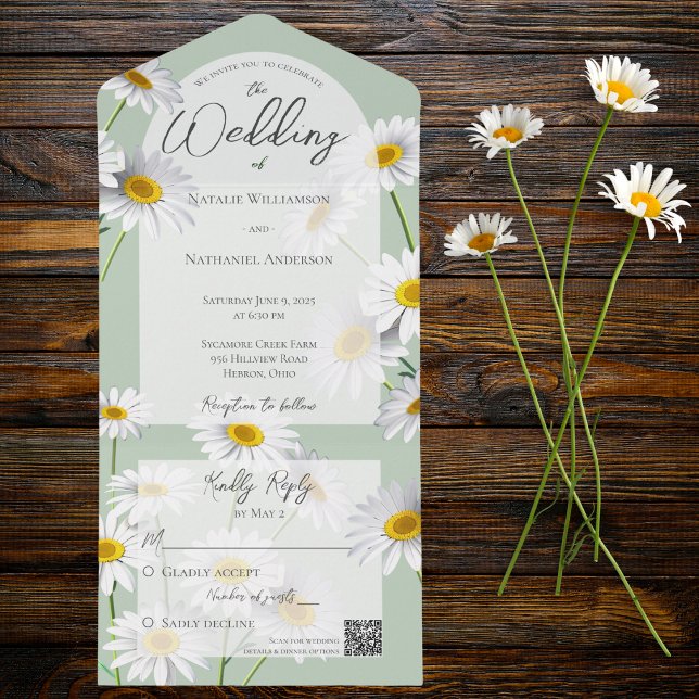 Summer Daisies on Sage Green QR Code All In One Invitation (Also available without QR code)